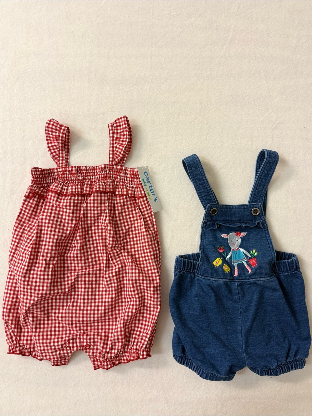 Baby Girl 2PC Romper Lot John Deere Denim Lamb Shortall Carters Red Gingham 3-6